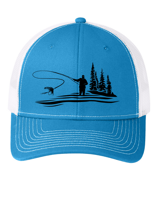 Fly Fishing Snapback Trucker Cap Carolina Blue/ White